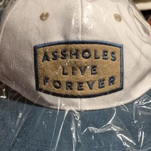 White and Blue Cap with Bold Text